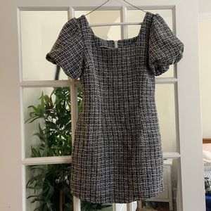 Black and white plaid tweed puff sleeve mini dress zip back - great for holidays